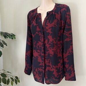 EUC! ANN TAYLOR Floral Mixed Media Blouse Size Small Navy Wine